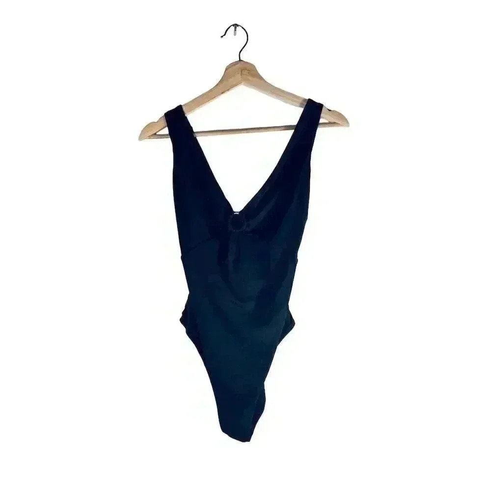 SUNN LAB SWIM Women's Black One Piece Swimsuit M V-Neck Adjustable Straps